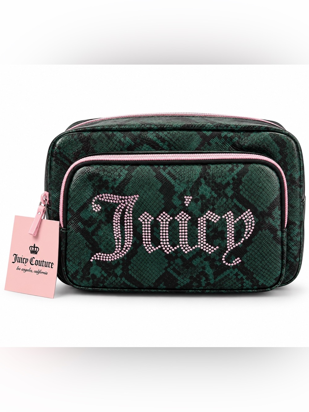 Juicy Couture Green Snake-Print Cosmetic Bag with Pink Crystal Logo NWT